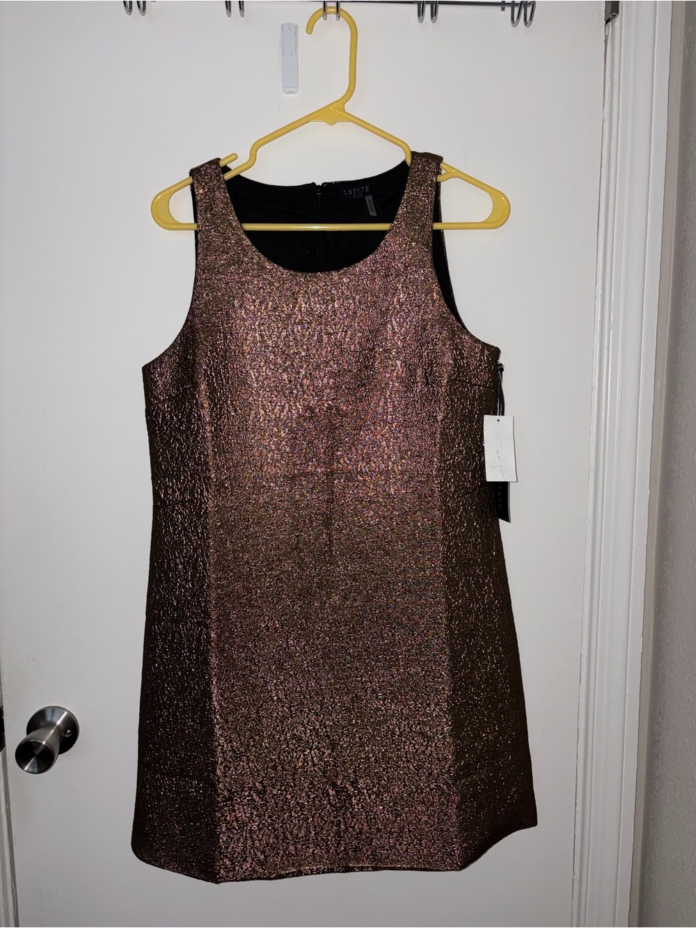 1. State Metallic Bronze Sheath Mini Dress